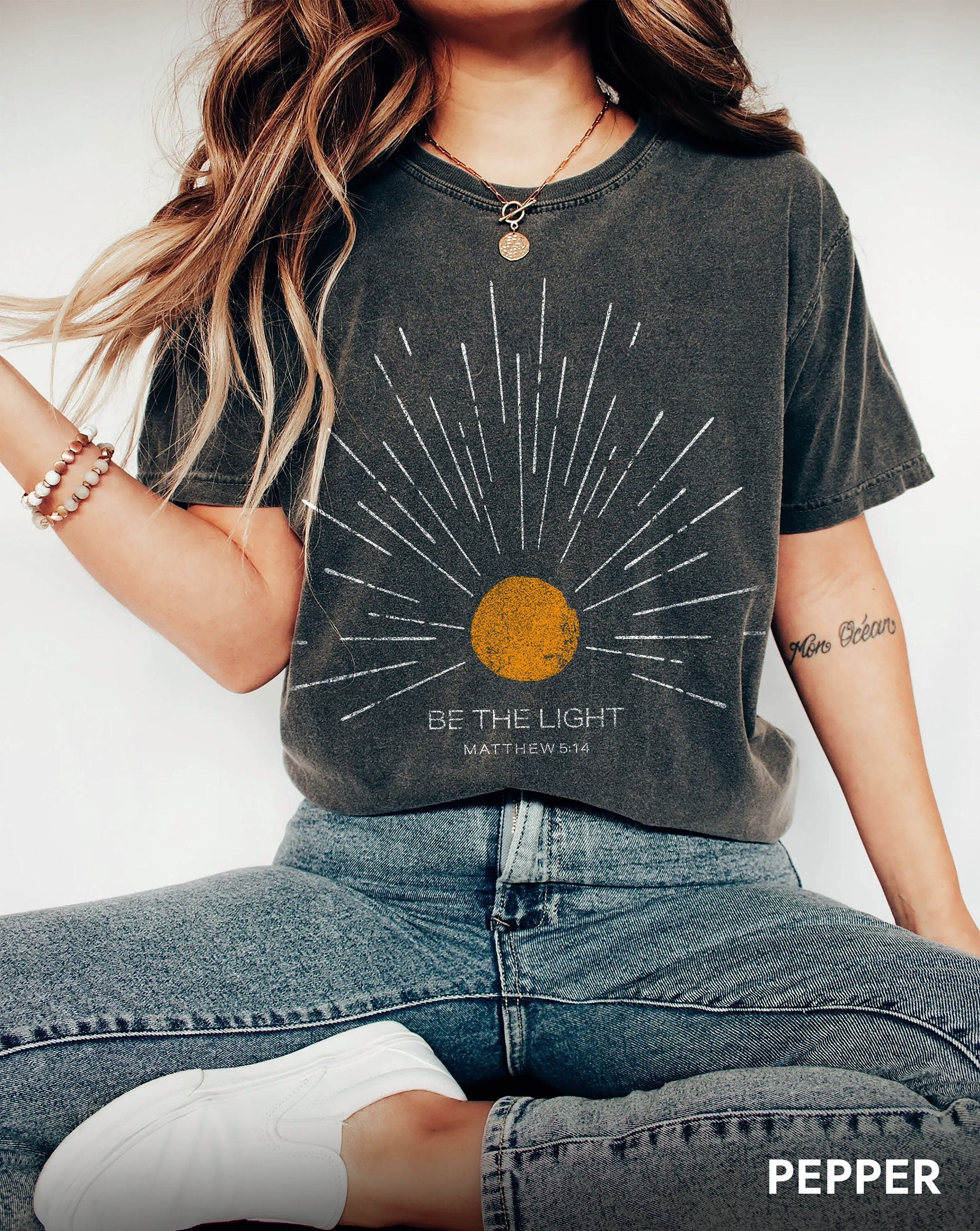 Be The Light Mathew 5:14 Sunburst Vintage Bible Verse Christian Celestial Comfort Colors Tshirt, Boho Shirt, Sun Shirt, Inspirational Gift CFLAF187