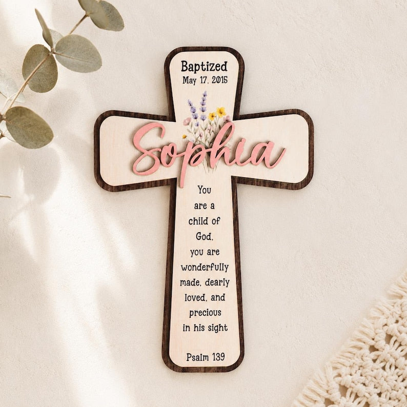 Personalized Baptism Cross, Custom Name Wooden Cross, Christening Gift, Psalm 139 Nursery Decor, Baby Dedication Keepsake WD01