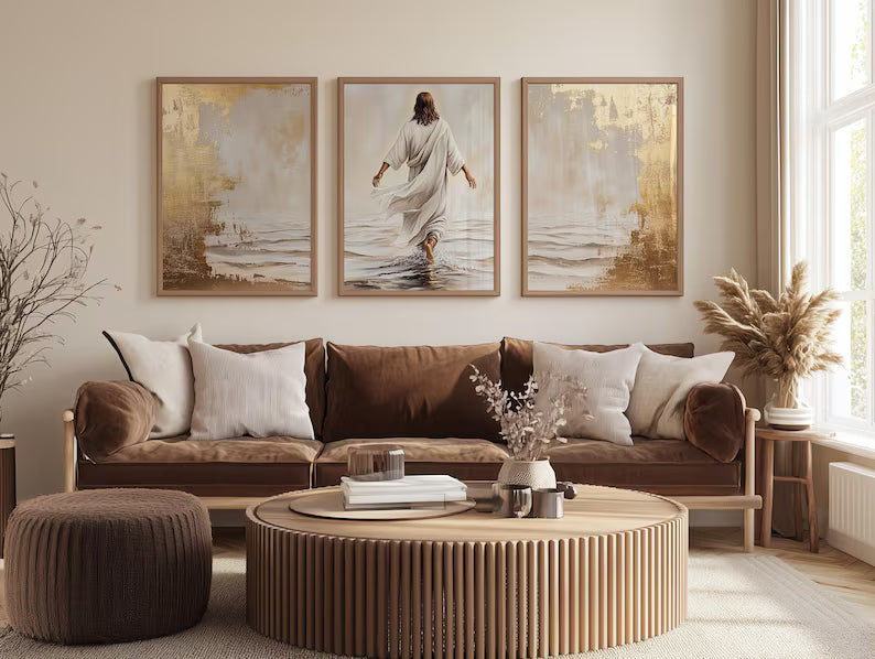 Jesus Walking on Water Wall Art, 3 Piece Christian , Modern Religious Decor, Bible Verse Art, Large Gallery Set PTLAF003