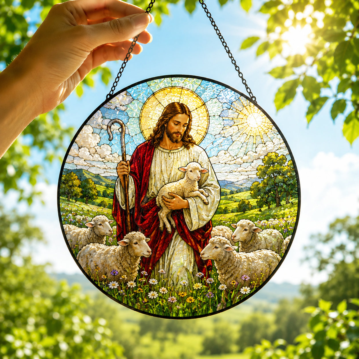 Jesus Good Shepherd Stained Glass Suncatcher – Christ with Sheep Christian Window Hanging, Religious Faith Gift GLASS22