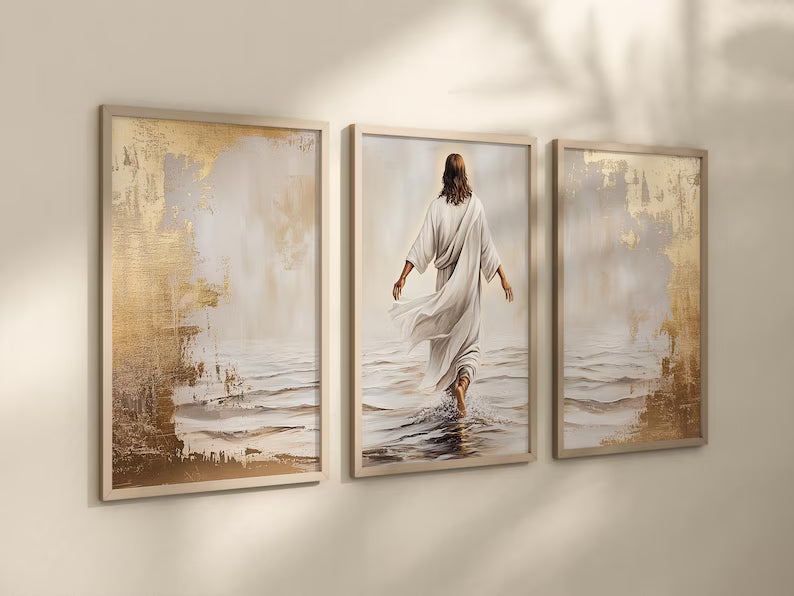 Jesus Walking on Water Wall Art, 3 Piece Christian , Modern Religious Decor, Bible Verse Art, Large Gallery Set PTLAF003