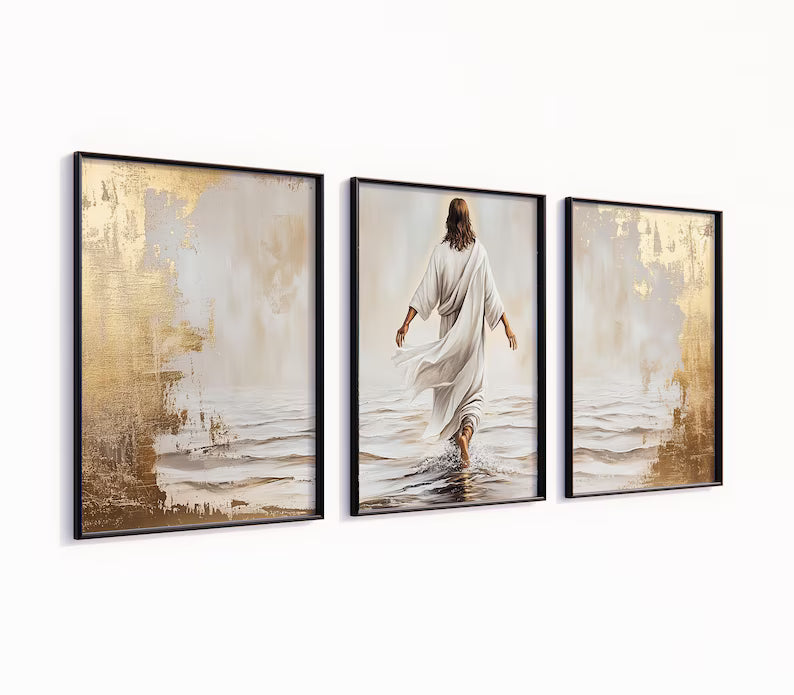 Jesus Walking on Water Wall Art, 3 Piece Christian , Modern Religious Decor, Bible Verse Art, Large Gallery Set PTLAF003