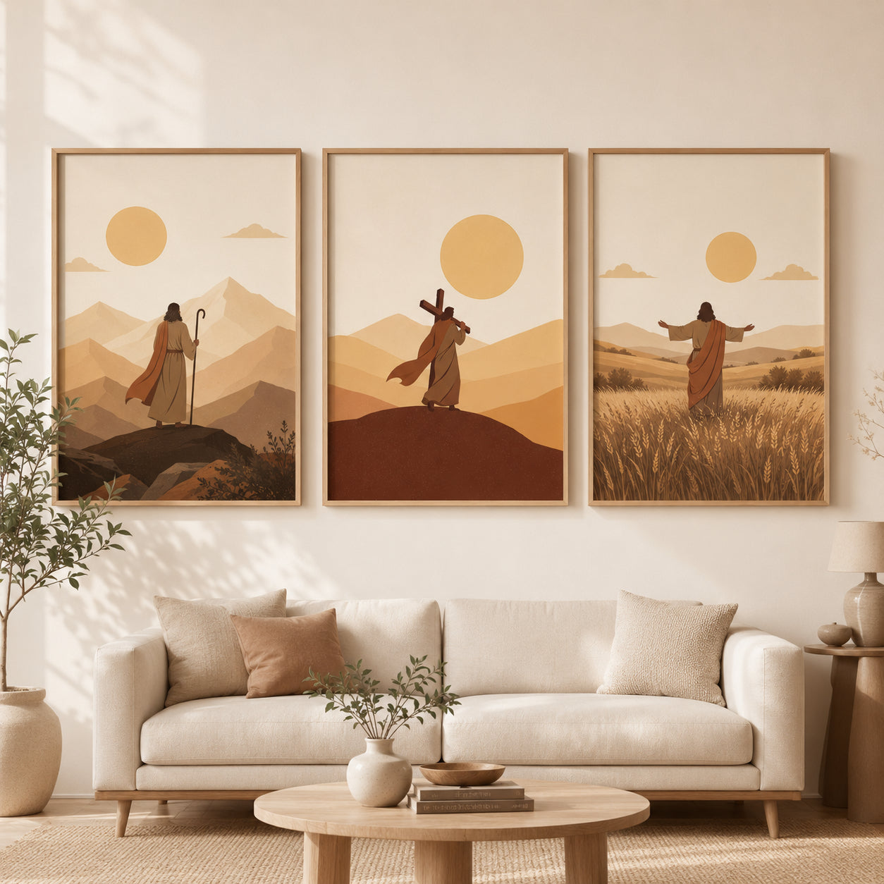 Jesus Christian Wall Art Set of 3, Biblical Desert Journey Posters, Warm Neutral Religious Living Room Decor, Jesus Landscape Hanging Decor PTSET16