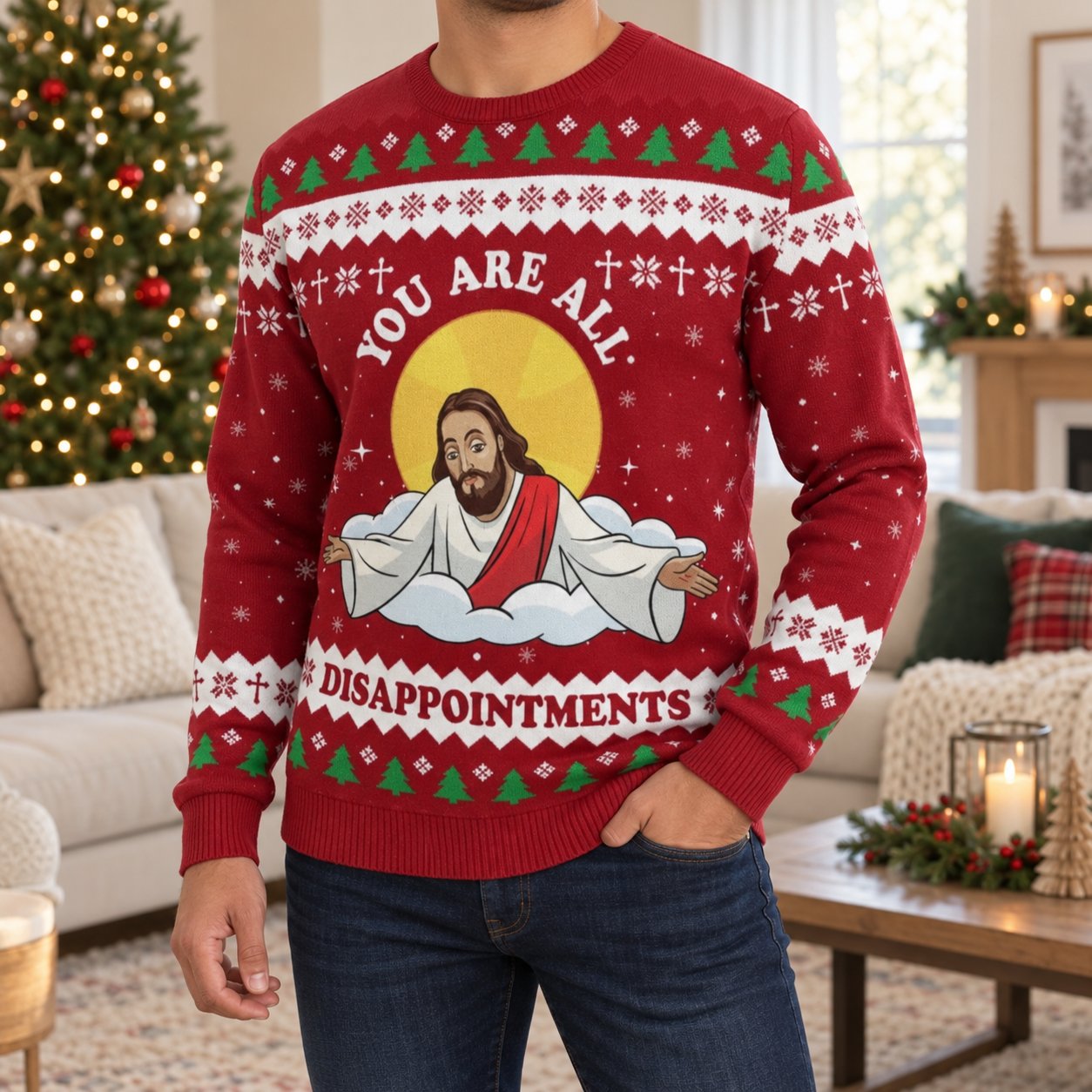 Jesus You Are All Disappointments Ugly Christmas Sweater, Funny Christian Holiday Sweatshirt, Religious Gift XMASUS22
