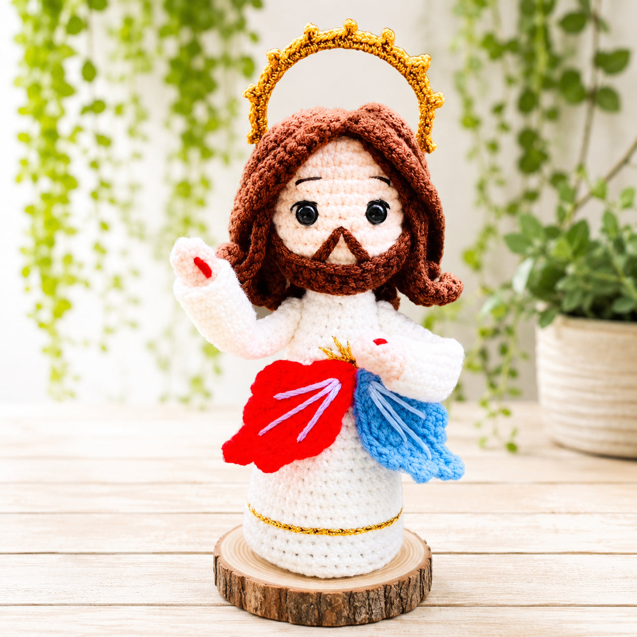 Handmade Crochet Divine Mercy Jesus Doll – Catholic Amigurumi Religious Figurine with Red and Blue Rays, Christian Home Altar Decor, Prayer Corner Gift, Easter, First Communion, Baptism and Confirmation Keepsake CR17