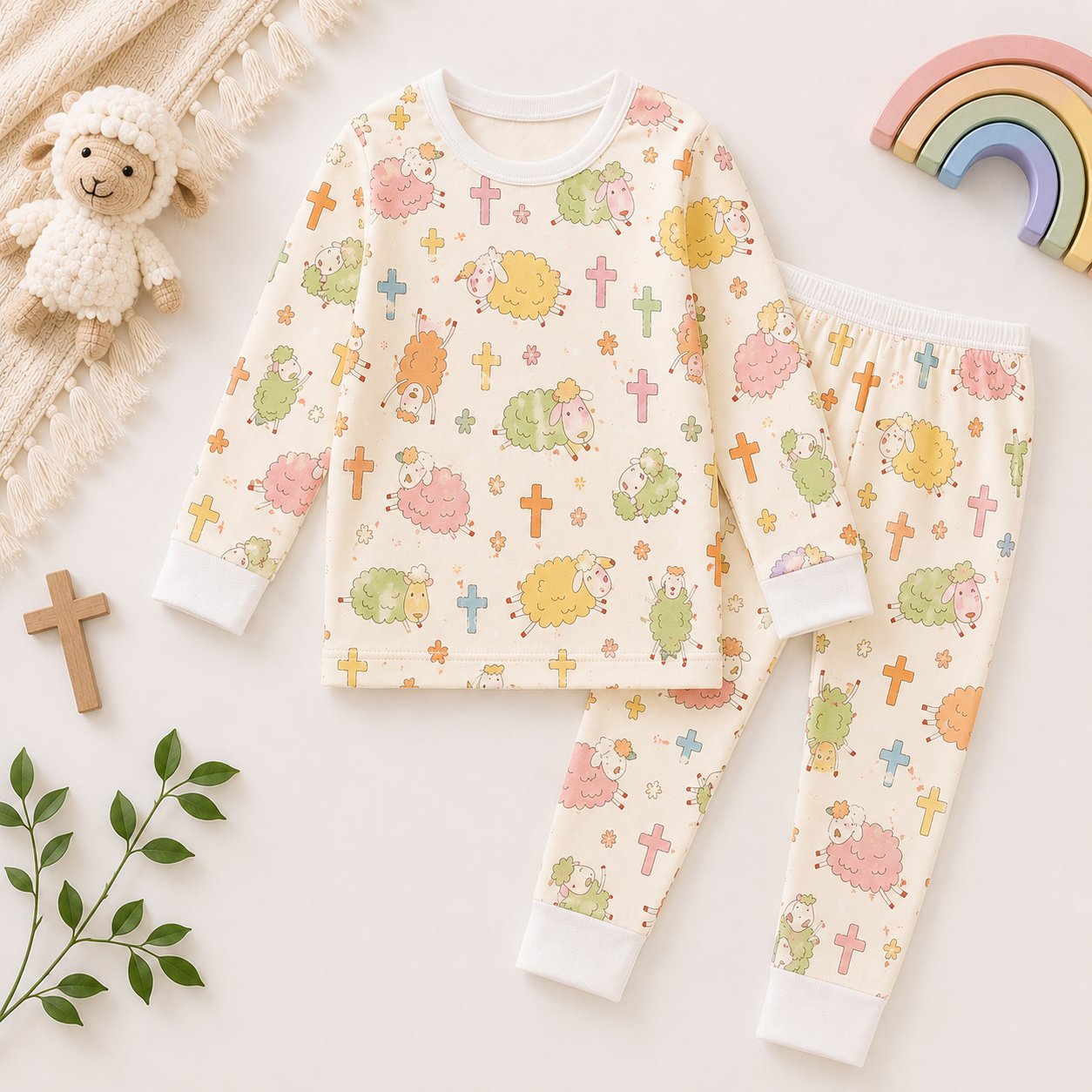 Colorful Sheep and Cross Bamboo Baby Kids Pajamas Set, Christian Toddler PJs, Religious Sleepwear, Easter Gift for Kids BBPJSS19