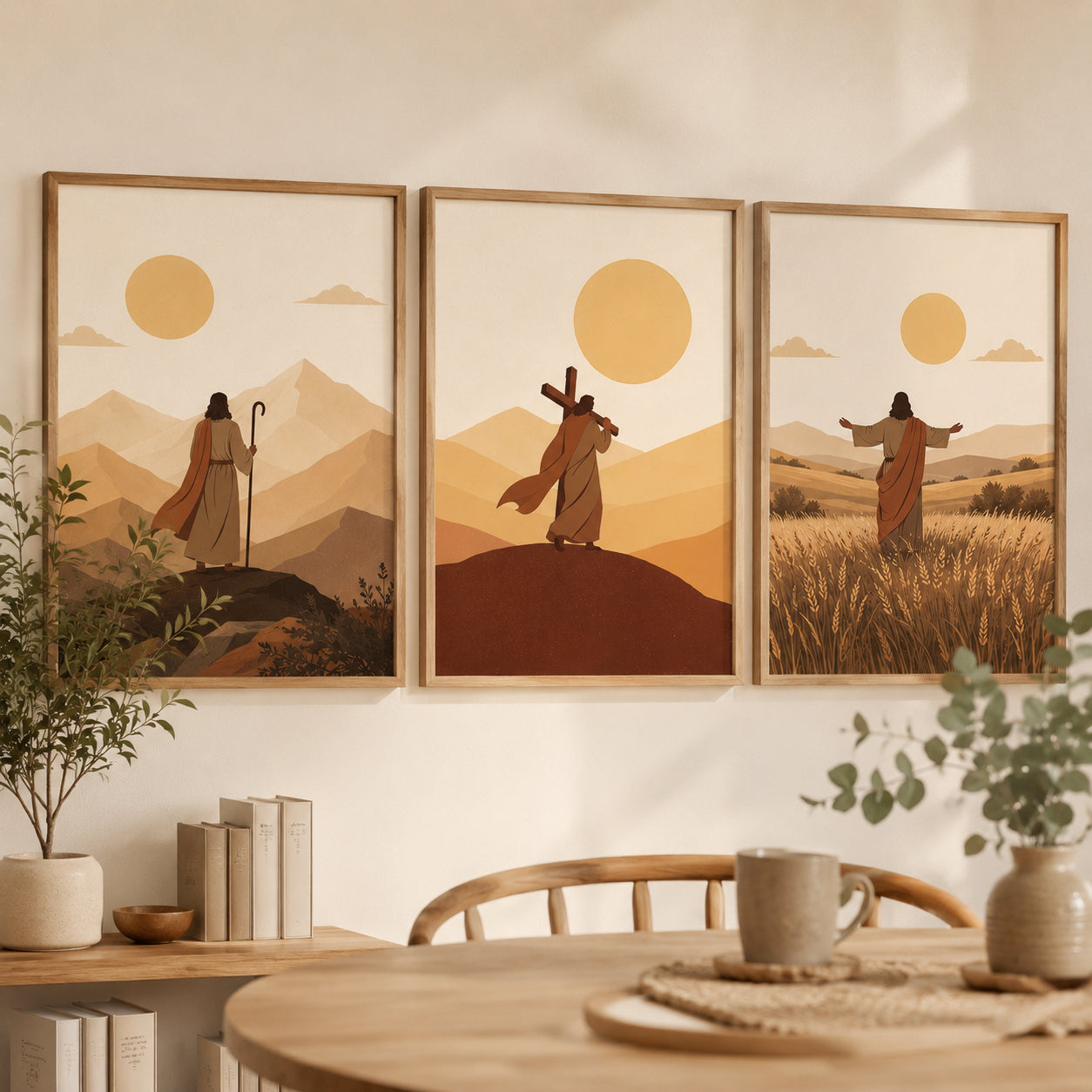 Jesus Christian Wall Art Set of 3, Biblical Desert Journey Posters, Warm Neutral Religious Living Room Decor, Jesus Landscape Hanging Decor PTSET16