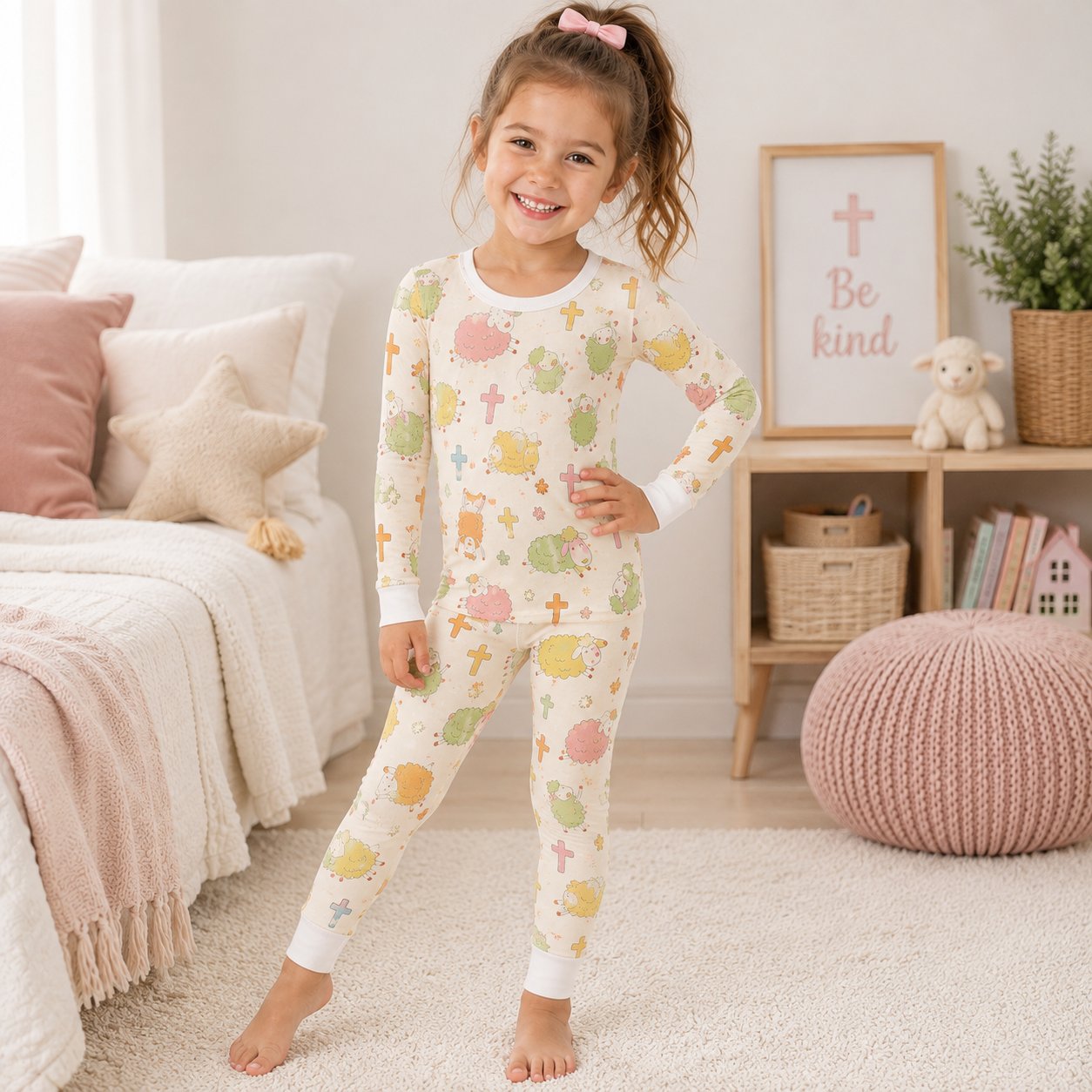 Colorful Sheep and Cross Bamboo Baby Kids Pajamas Set, Christian Toddler PJs, Religious Sleepwear, Easter Gift for Kids BBPJSS19