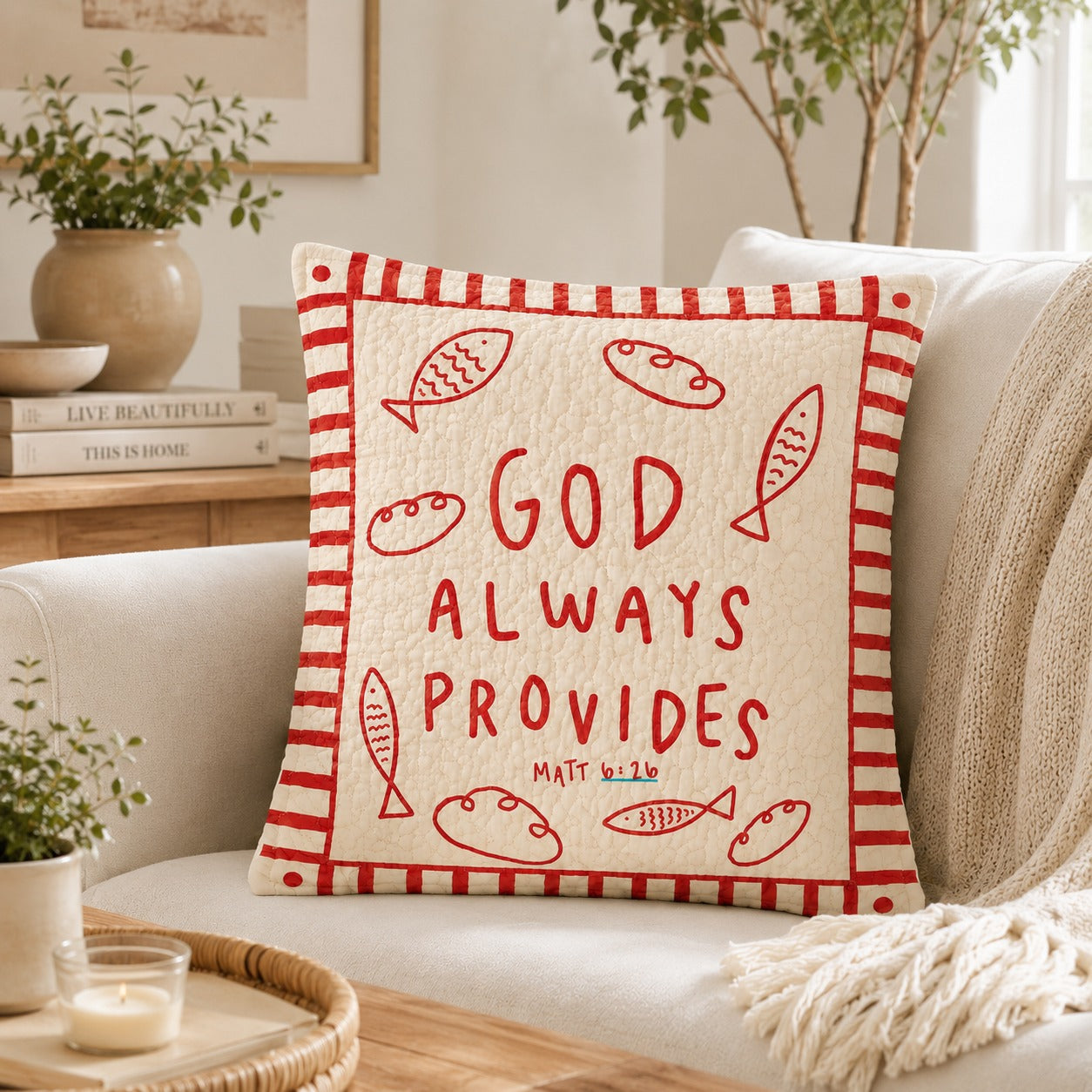 God Always Provides Quilted Pillow Case, Matthew 6:26 Christian Pillow Cover, Bible Verse Faith Home Decor, Religious Gift QPILLOW21