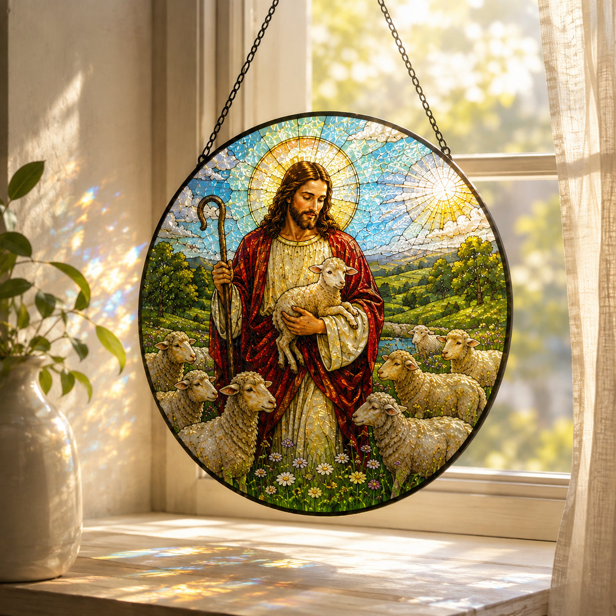 Jesus Good Shepherd Stained Glass Suncatcher – Christ with Sheep Christian Window Hanging, Religious Faith Gift GLASS22