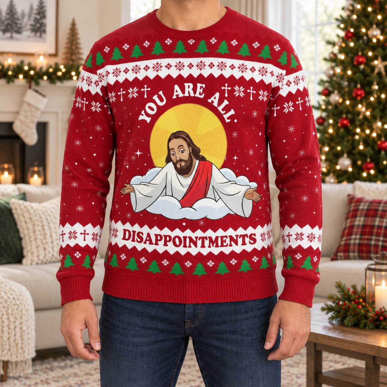 Jesus You Are All Disappointments Ugly Christmas Sweater, Funny Christian Holiday Sweatshirt, Religious Gift XMASUS22