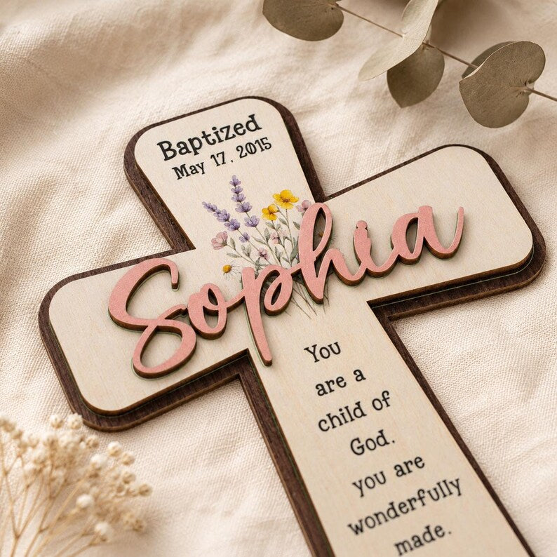 Personalized Baptism Cross, Custom Name Wooden Cross, Christening Gift, Psalm 139 Nursery Decor, Baby Dedication Keepsake WD01