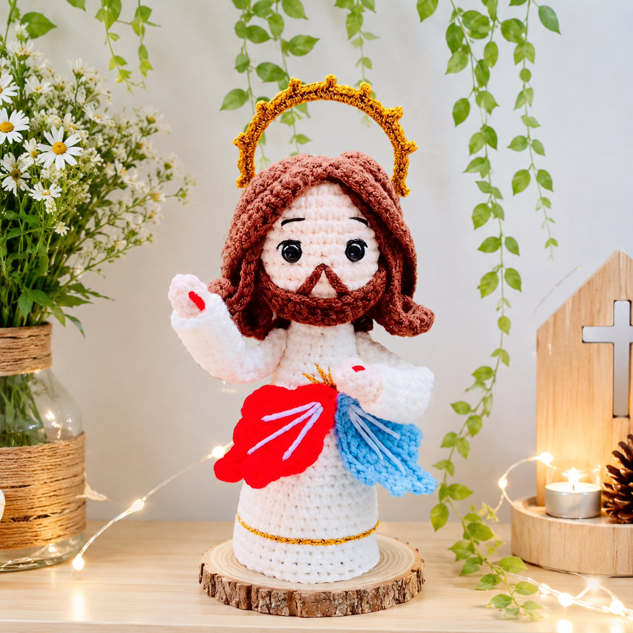 Handmade Crochet Divine Mercy Jesus Doll – Catholic Amigurumi Religious Figurine with Red and Blue Rays, Christian Home Altar Decor, Prayer Corner Gift, Easter, First Communion, Baptism and Confirmation Keepsake CR17