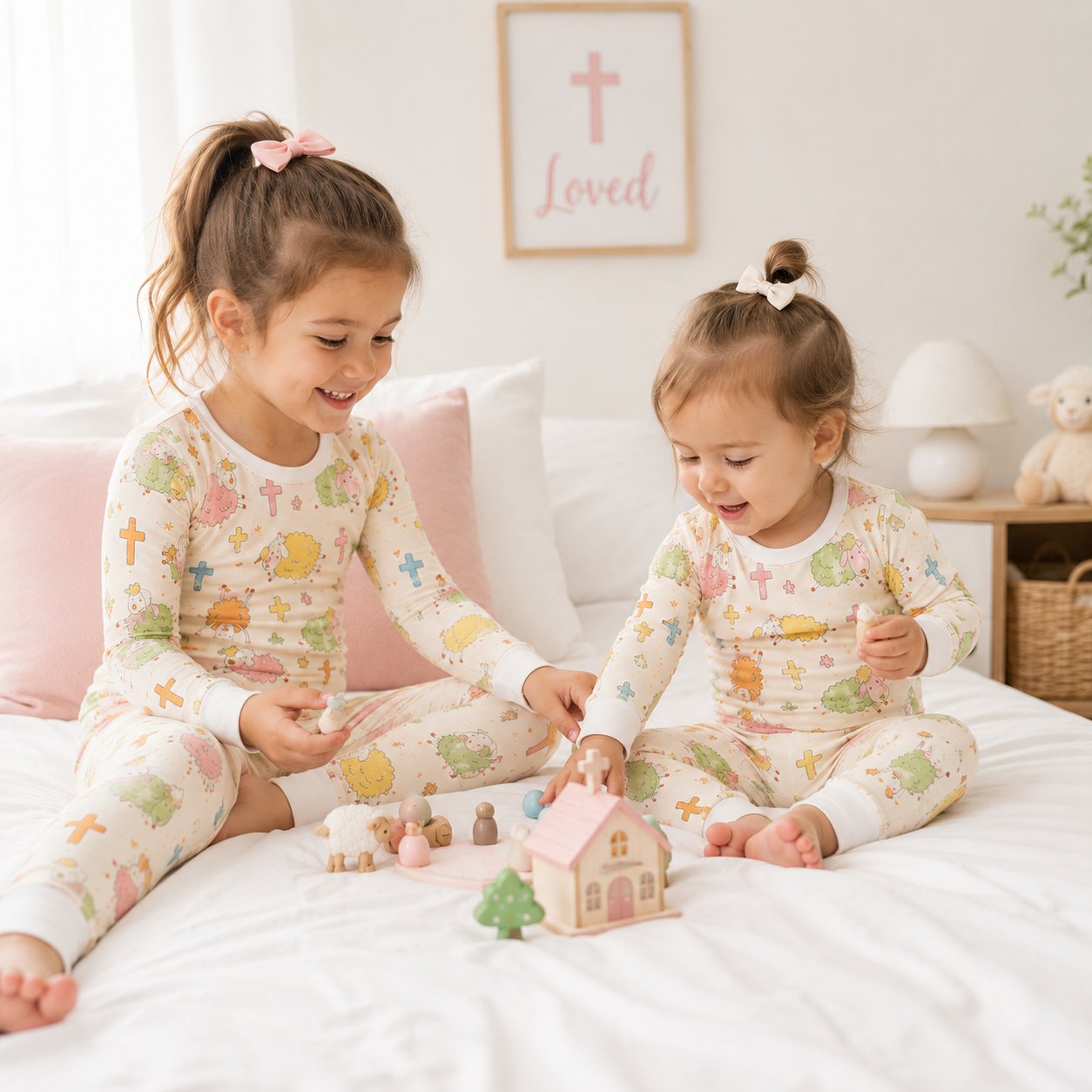 Colorful Sheep and Cross Bamboo Baby Kids Pajamas Set, Christian Toddler PJs, Religious Sleepwear, Easter Gift for Kids BBPJSS19