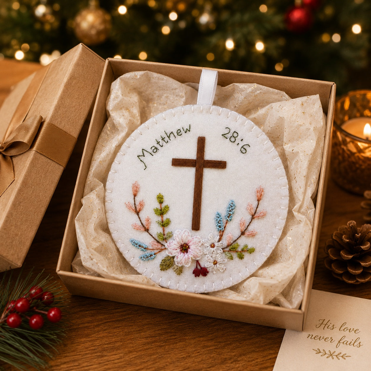 Matthew 28:6 Cross Felt Ornament, Christian Floral Felt Ornament, Faith Decor, Catholic Jesus Ornament, Embroidered Felt Ornament Decor, Handmade Religious Christmas Gift FE11