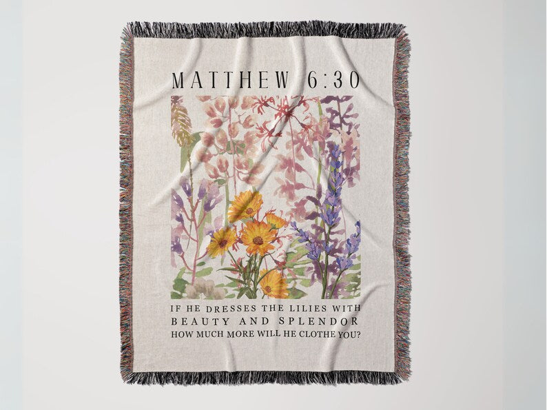 Christian Bible Verse Floral Woven Blanket, Christian Woven Blanket, Jesus Scripture Throw Blanket, Confirmation Gift Matthew 6:33 Bible Blanket WBLAF22