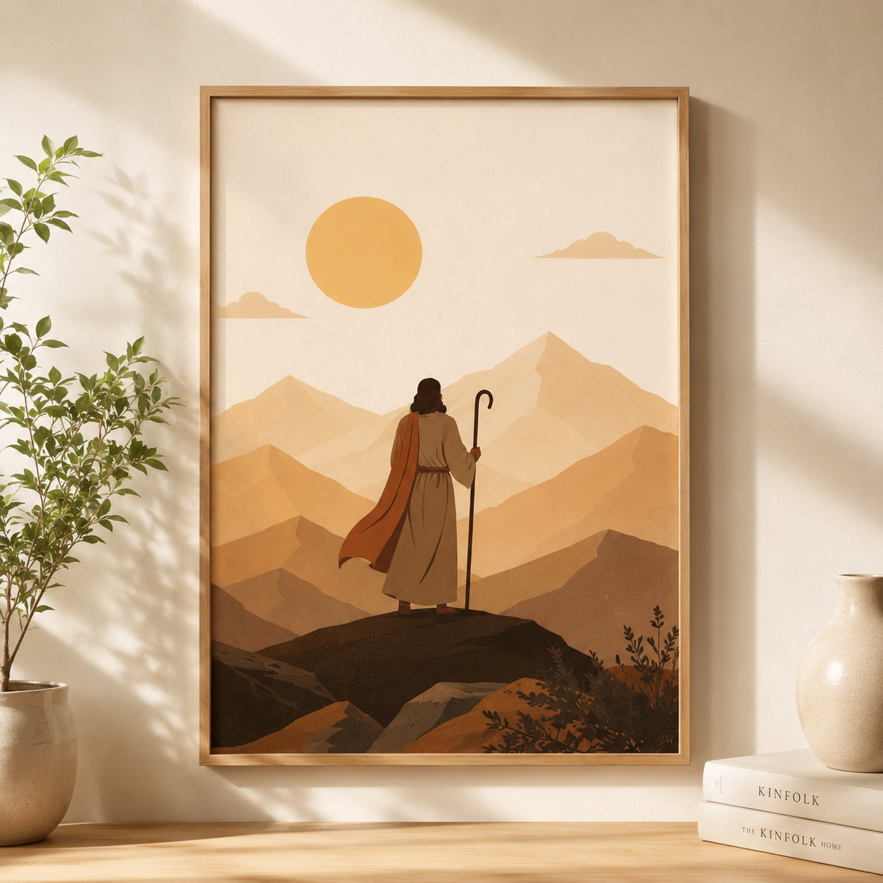 Jesus Christian Wall Art Set of 3, Biblical Desert Journey Posters, Warm Neutral Religious Living Room Decor, Jesus Landscape Hanging Decor PTSET16