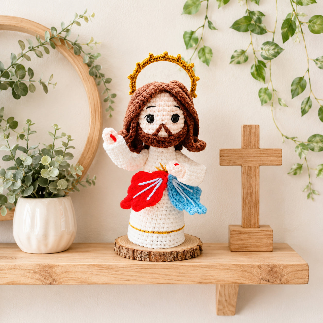 Handmade Crochet Divine Mercy Jesus Doll – Catholic Amigurumi Religious Figurine with Red and Blue Rays, Christian Home Altar Decor, Prayer Corner Gift, Easter, First Communion, Baptism and Confirmation Keepsake CR17