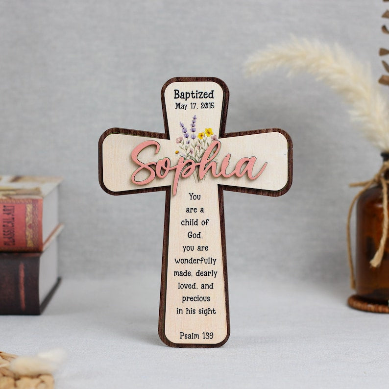 Personalized Baptism Cross, Custom Name Wooden Cross, Christening Gift, Psalm 139 Nursery Decor, Baby Dedication Keepsake WD01