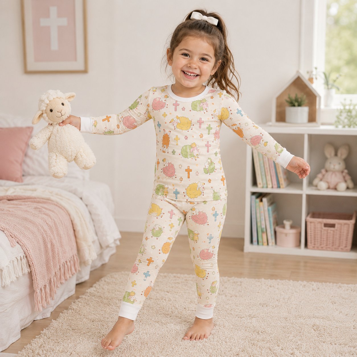 Colorful Sheep and Cross Bamboo Baby Kids Pajamas Set, Christian Toddler PJs, Religious Sleepwear, Easter Gift for Kids BBPJSS19