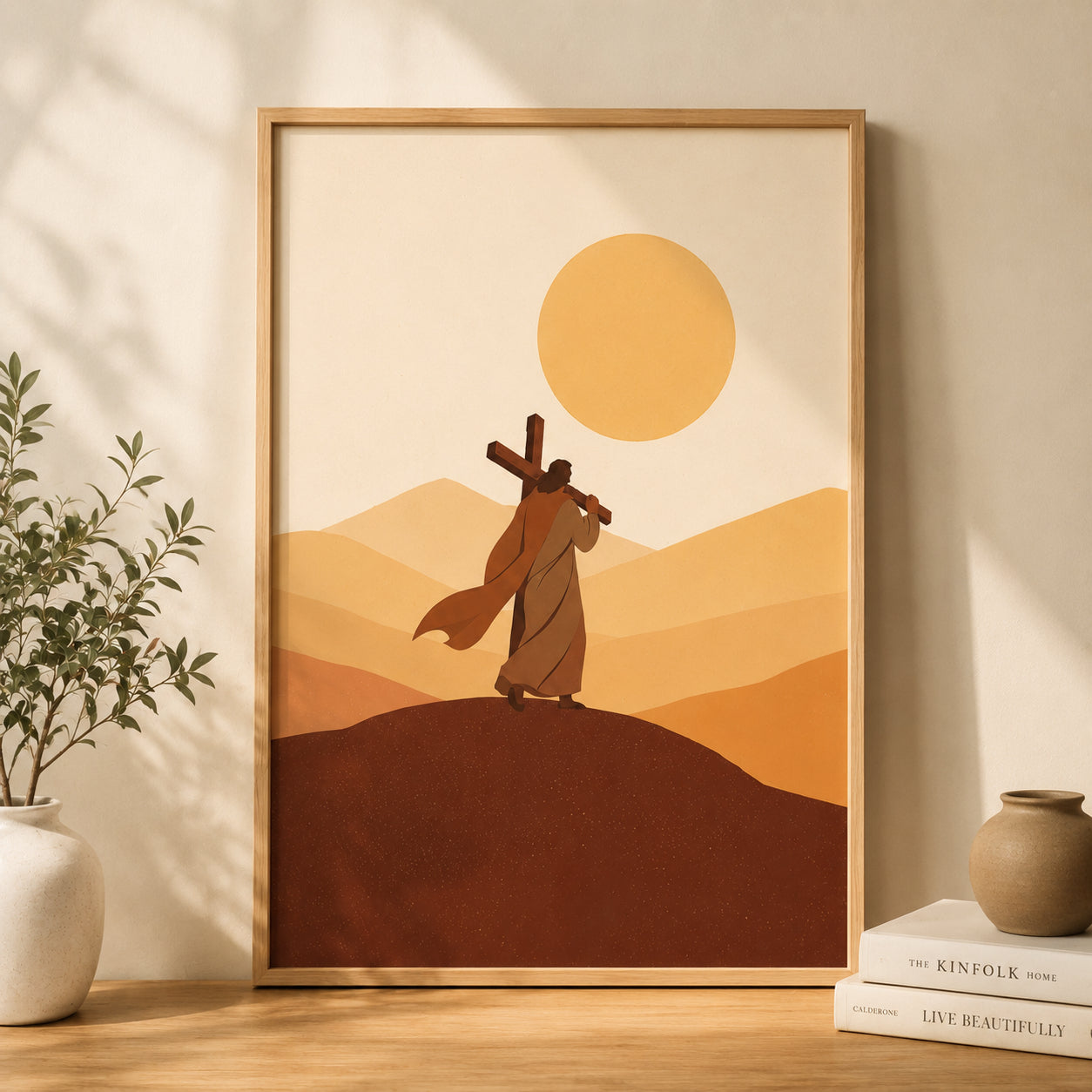 Jesus Christian Wall Art Set of 3, Biblical Desert Journey Posters, Warm Neutral Religious Living Room Decor, Jesus Landscape Hanging Decor PTSET16