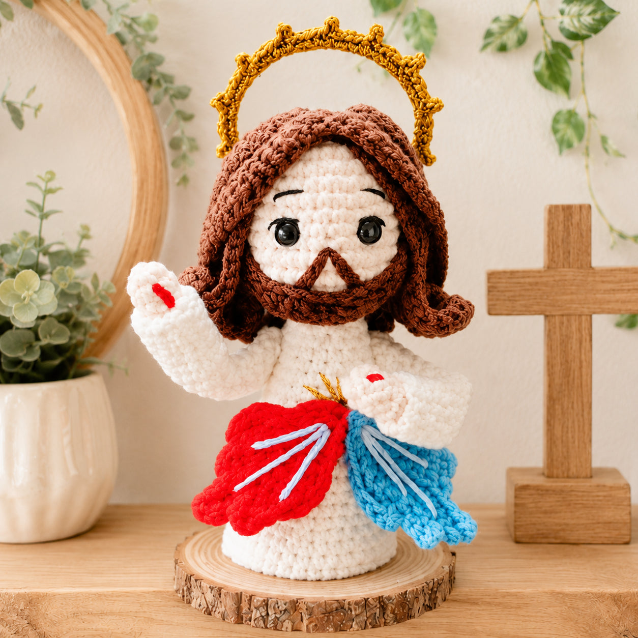 Handmade Crochet Divine Mercy Jesus Doll – Catholic Amigurumi Religious Figurine with Red and Blue Rays, Christian Home Altar Decor, Prayer Corner Gift, Easter, First Communion, Baptism and Confirmation Keepsake CR17
