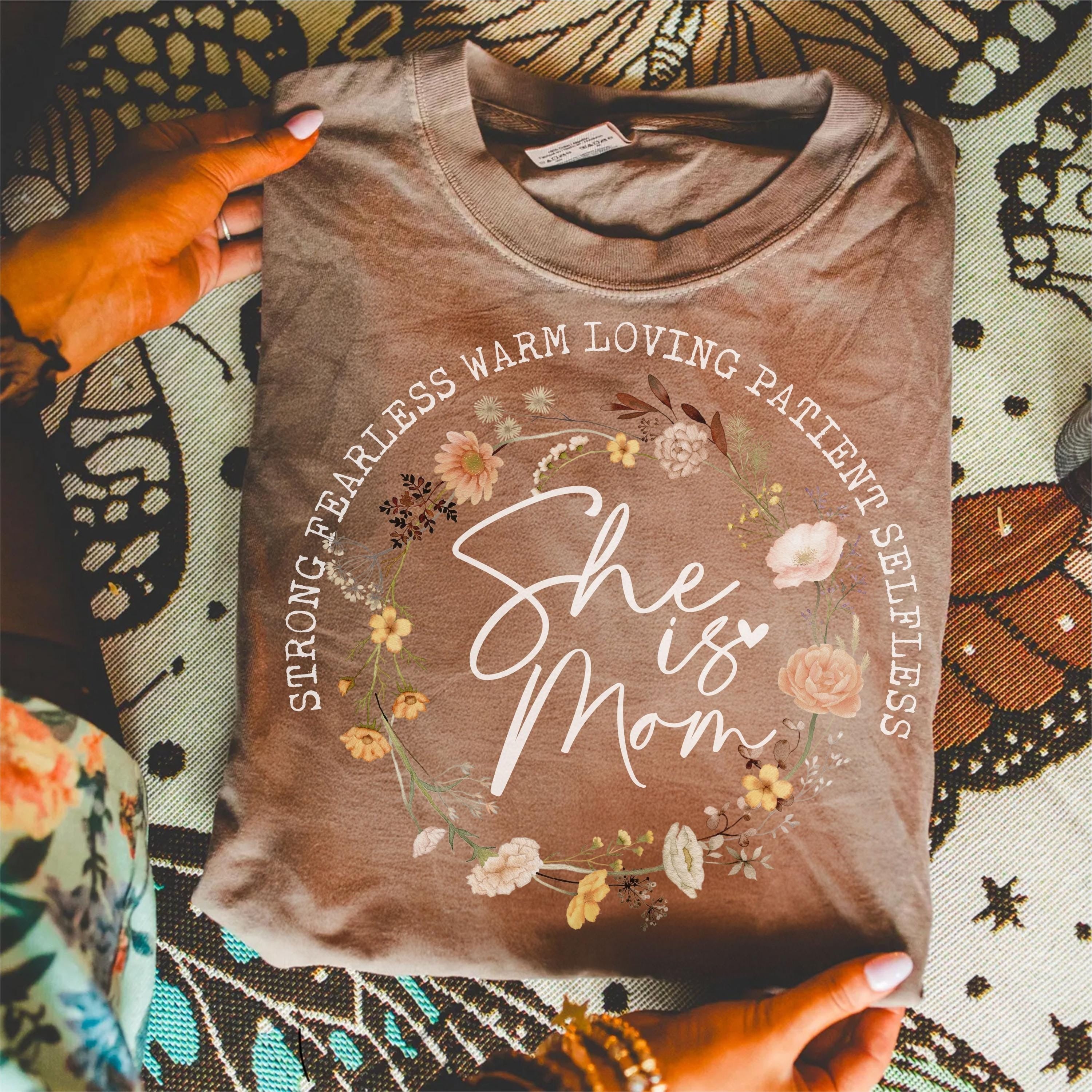 She is Mom Coquette Comfort Colors Shirt, Christian Mama Shirt, Boho Floral Mama Shirt, Mom Shirt, Mother’s Day Gift, Wildflower Mama Shirt, Bible Verses Shirt