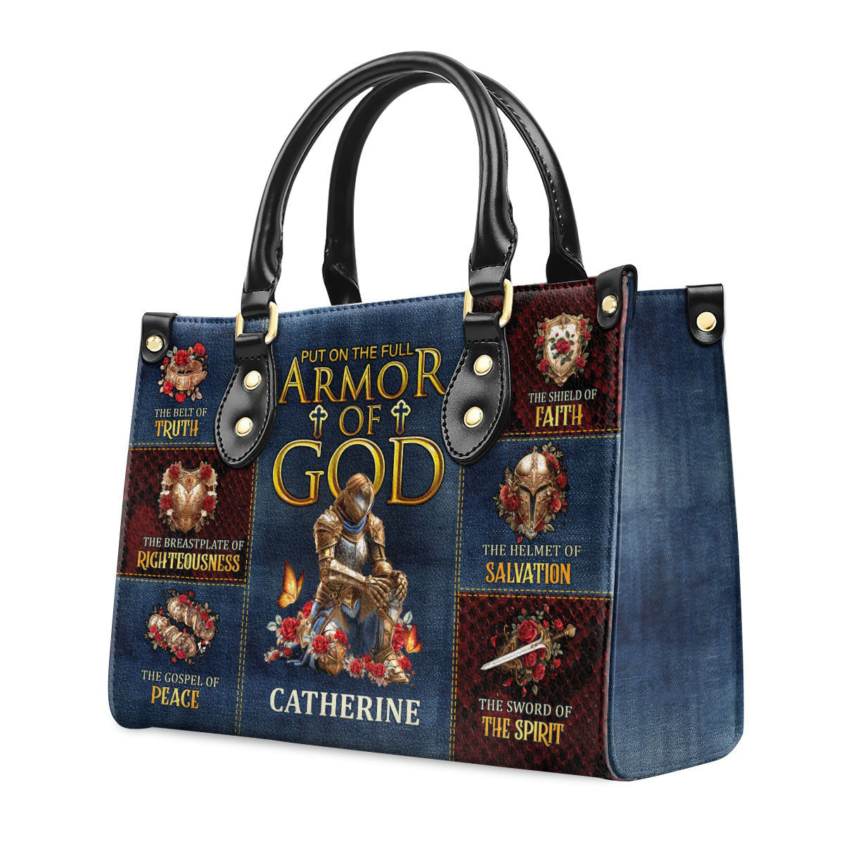Personalized Christian Leather Handbag, Armor of God Purse Ephesians 6:10-18 with Full Armor Design, Religious Gift for Women BLAF35