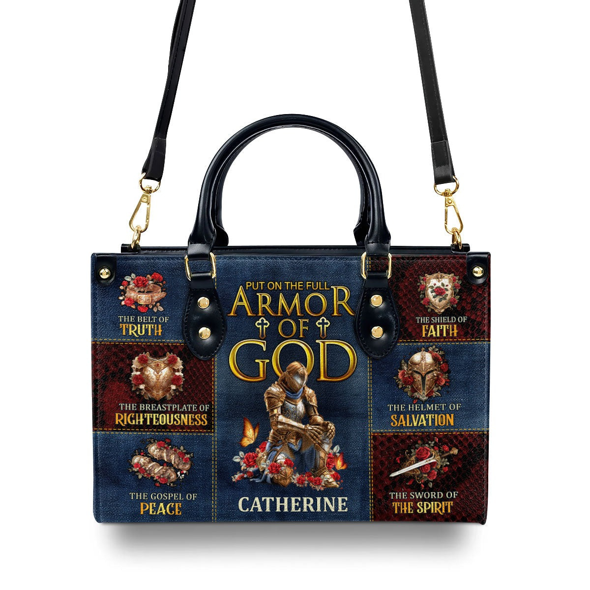 Personalized Christian Leather Handbag, Armor of God Purse Ephesians 6:10-18 with Full Armor Design, Religious Gift for Women BLAF35