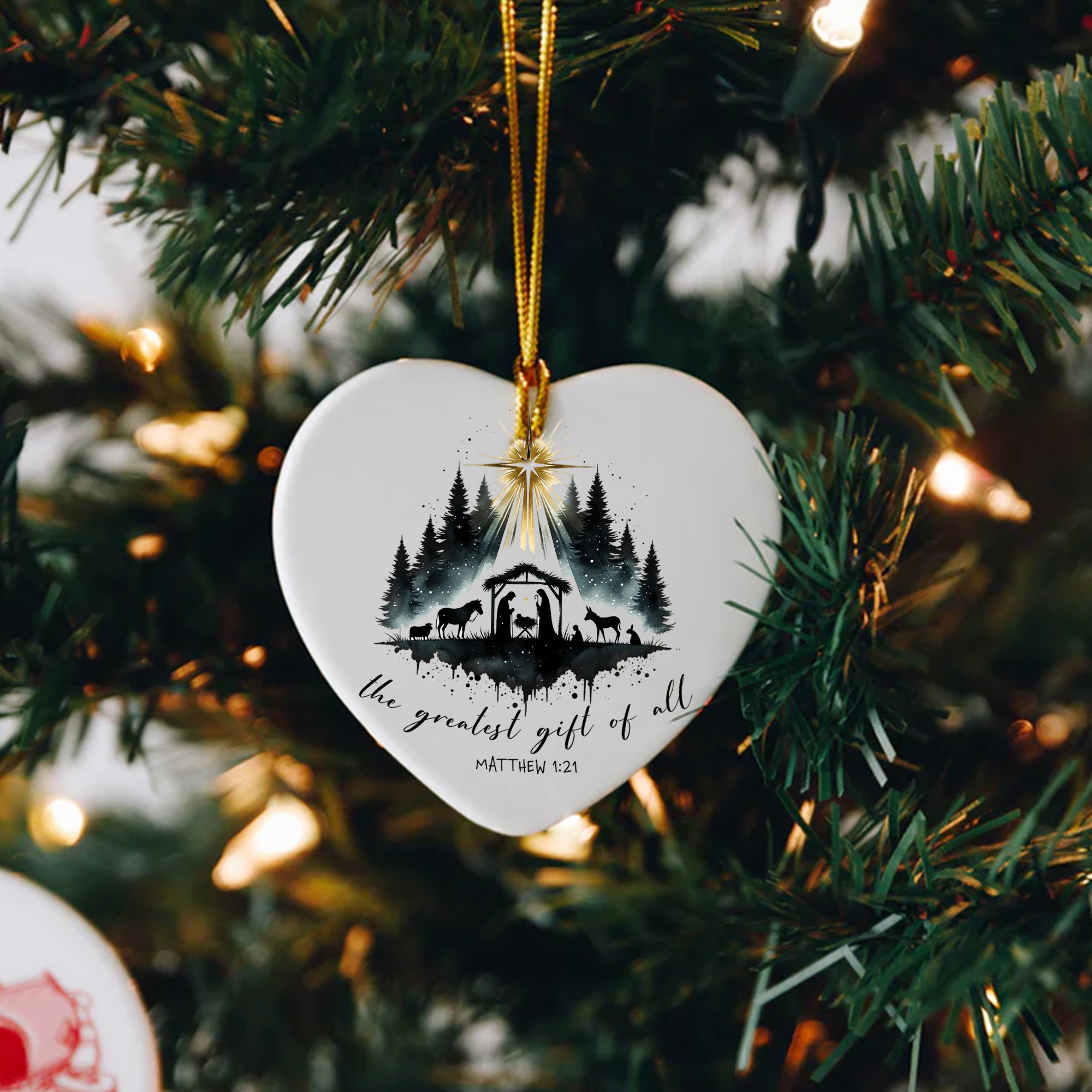Nativity Scene Christmas Ornament, The Greatest Gift of All Matthew 1:21, Christian Holiday Decoration, Holy Family Religious Xmas Decor DCLAF47
