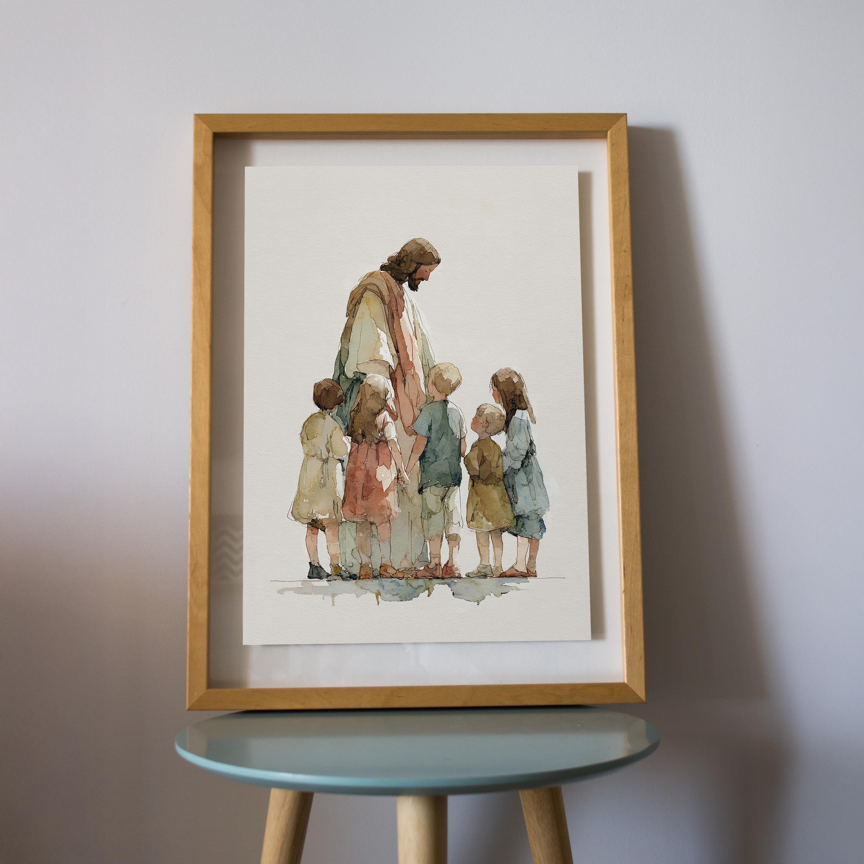 .Jesus with Children Poster, Christian Nursery Wall Art, Bible Story Print Art, Christian Printable for Kid