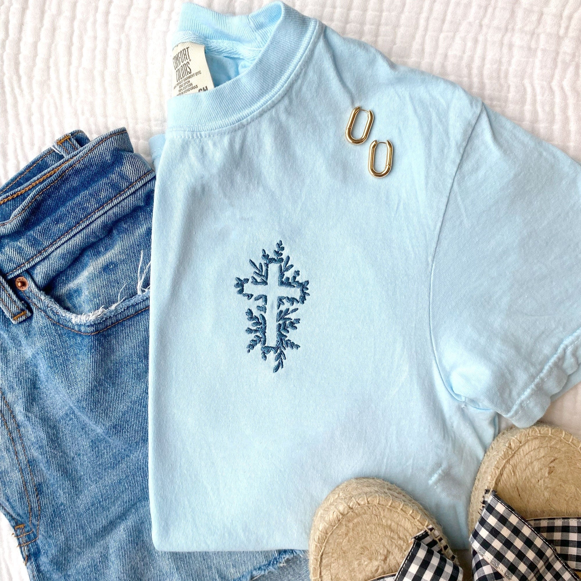 Embroidered Floral Cross Comfort Colors T-Shirt , Faith Based Christian T-Shirt , Easter , Religious Top , Jesus T-Shirt