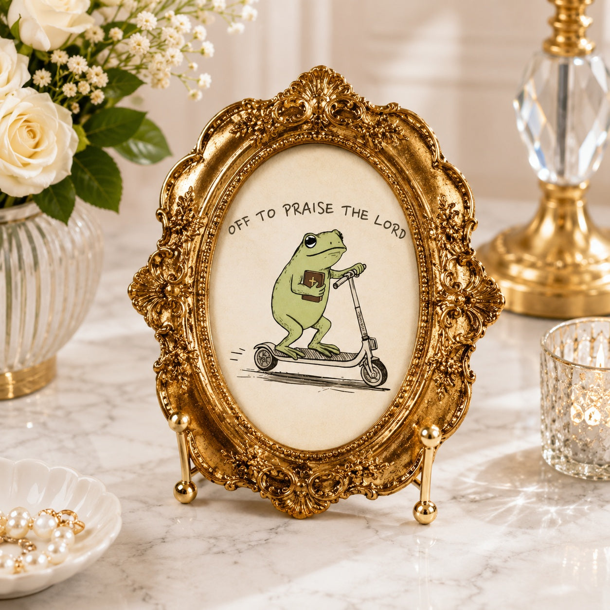 Funny Christian Frog Artwork, Off to Praise the Lord Photo Frame Magnet, Decorative Religious Fridge Magnet, Christian Gift, Mini Picture Frame Magnet PM21