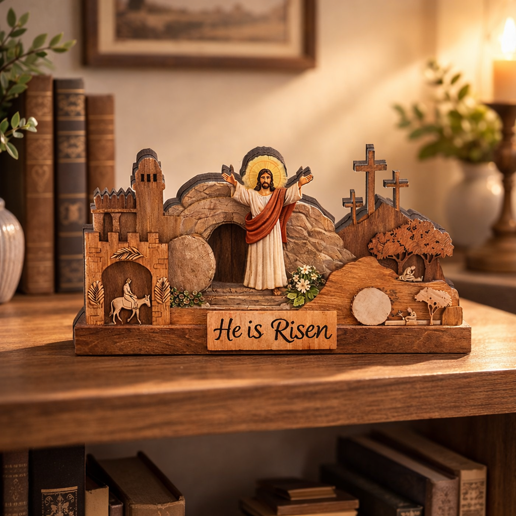 He Is Risen Easter Wooden Decor, Christian Jesus Empty Tomb Table Sign, Resurrection Cross Shelf Display, Religious Scripture Home Accent, Faith Gift