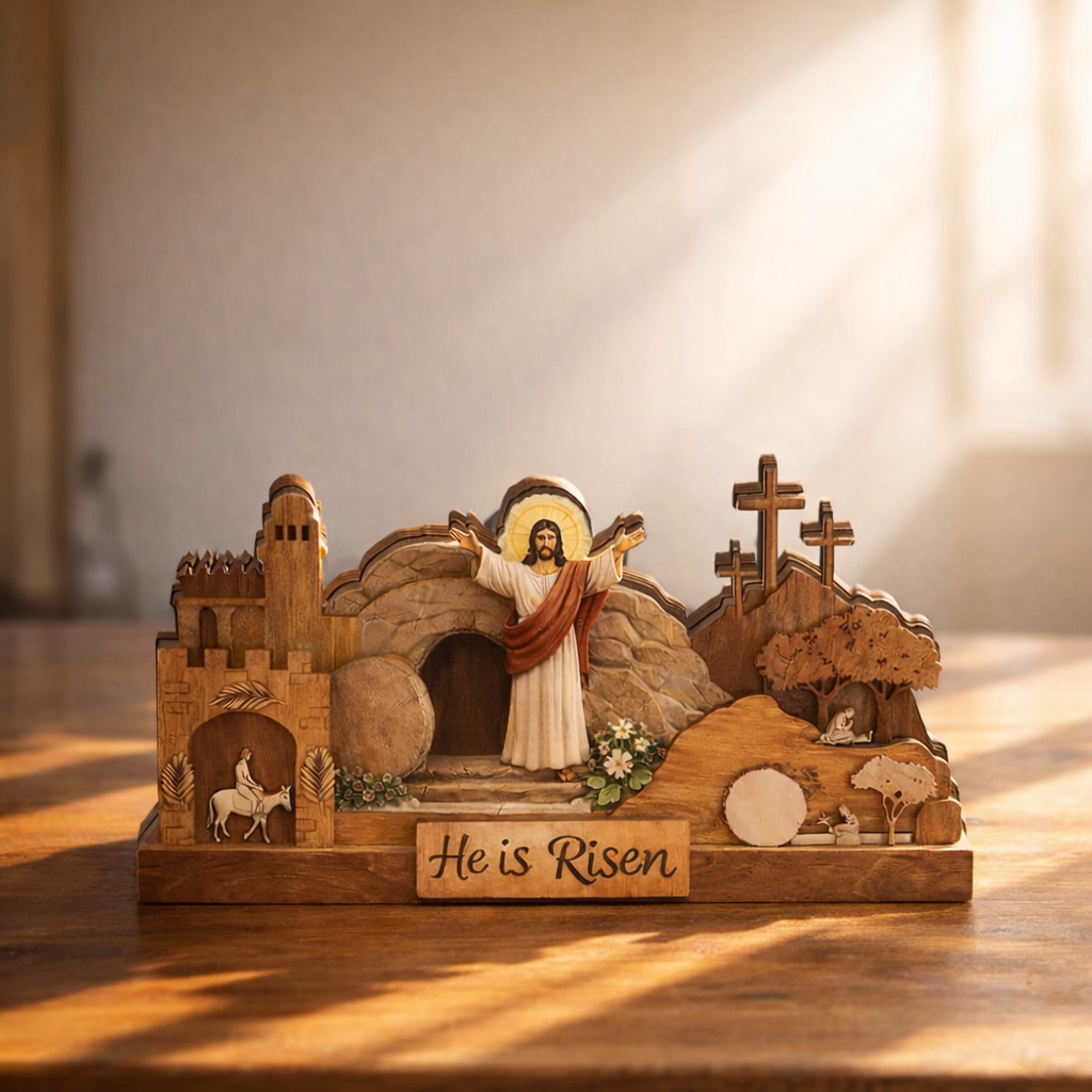 He Is Risen Easter Wooden Decor, Christian Jesus Empty Tomb Table Sign, Resurrection Cross Shelf Display, Religious Scripture Home Accent, Faith Gift