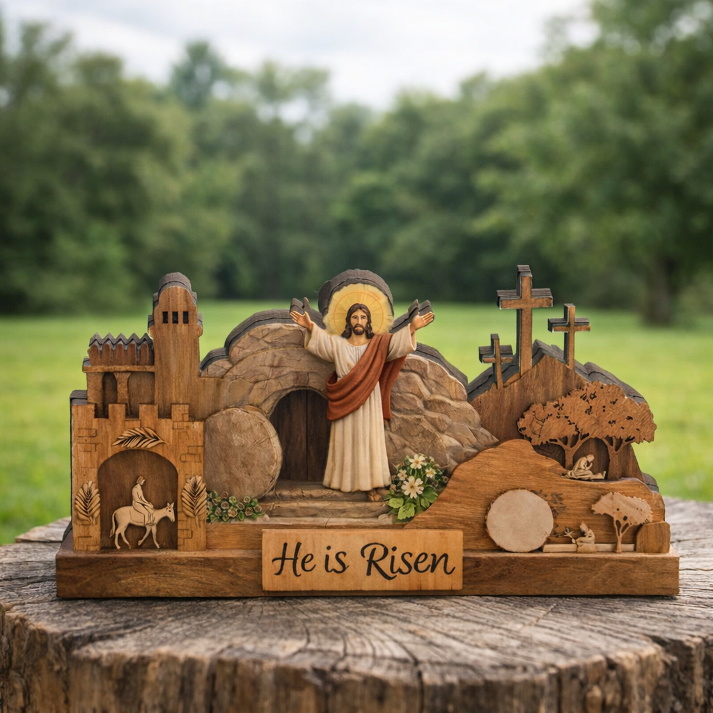 He Is Risen Easter Wooden Decor, Christian Jesus Empty Tomb Table Sign, Resurrection Cross Shelf Display, Religious Scripture Home Accent, Faith Gift