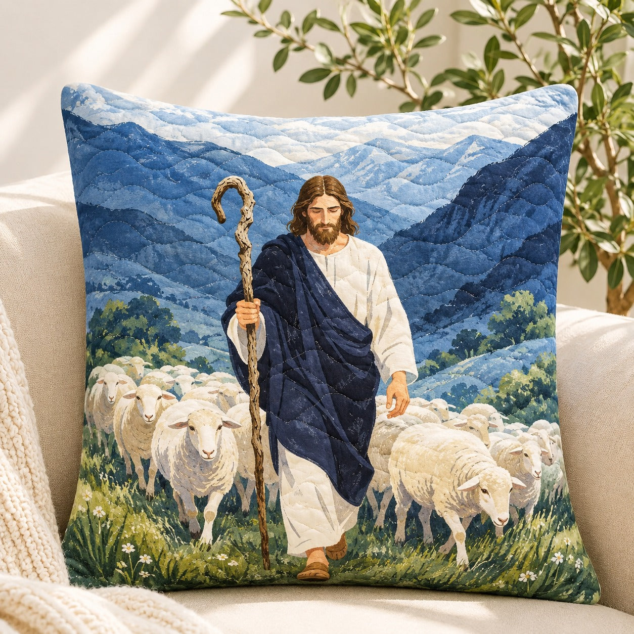 Jesus Good Shepherd Quilted Pillow Case, Sheep Christian Pillow Cover, Religious Faith Home Decor, Jesus Gift for Christians QPILLOW22