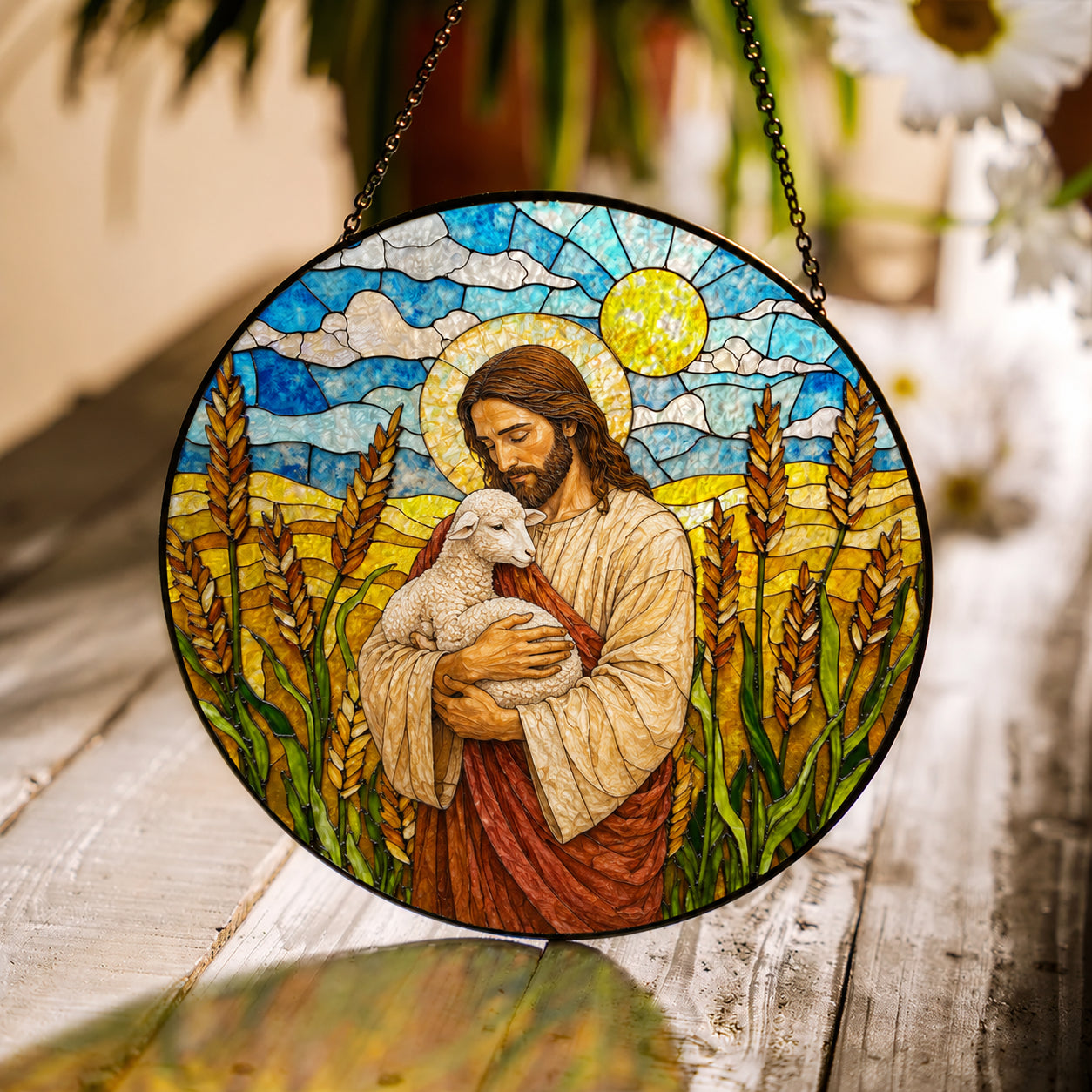 Jesus Holding Lamb Stained Glass Suncatcher – Good Shepherd Christian Window Decor, Religious Gift for Believers GLASS23