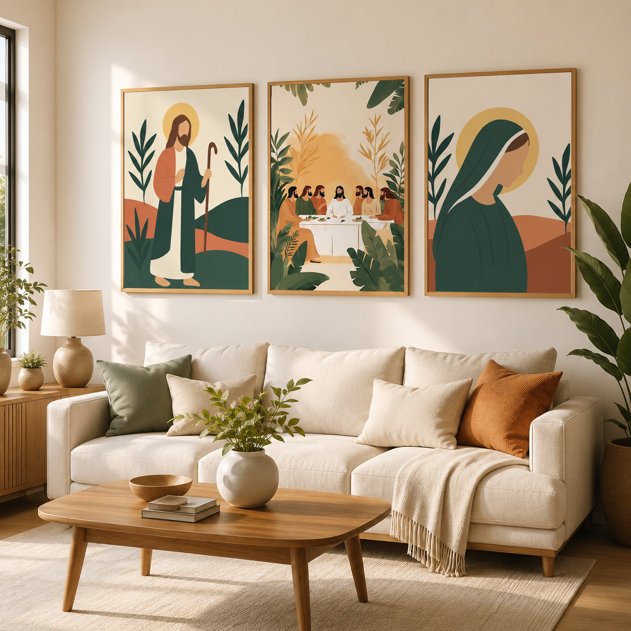 Christian Wall Art Set of 3, Jesus Good Shepherd Last Supper and Virgin Mary Posters, Modern Catholic Home Decor, Jesus Landscape Hanging Decor PTSET17