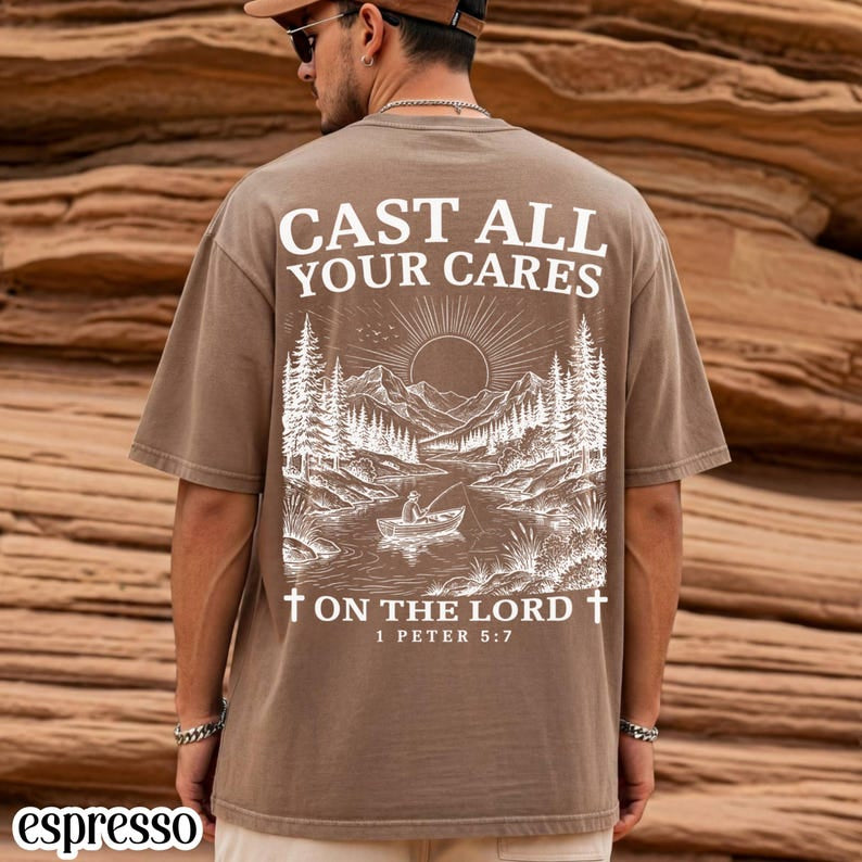 Christian Comfort Colors Shirt, Cast All Your Cares Lord 1 Peter 5:7 Shirt, Nature River Fishing Boat Tee, Faith Bible Verse Religious T-Shirt CFS23