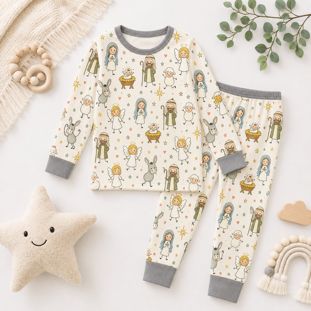 Cute Nativity Bamboo Baby Kids Pajamas Set, Christian Christmas PJs, Baby Jesus Holy Family Toddler Holiday Sleepwear BBPJSS20