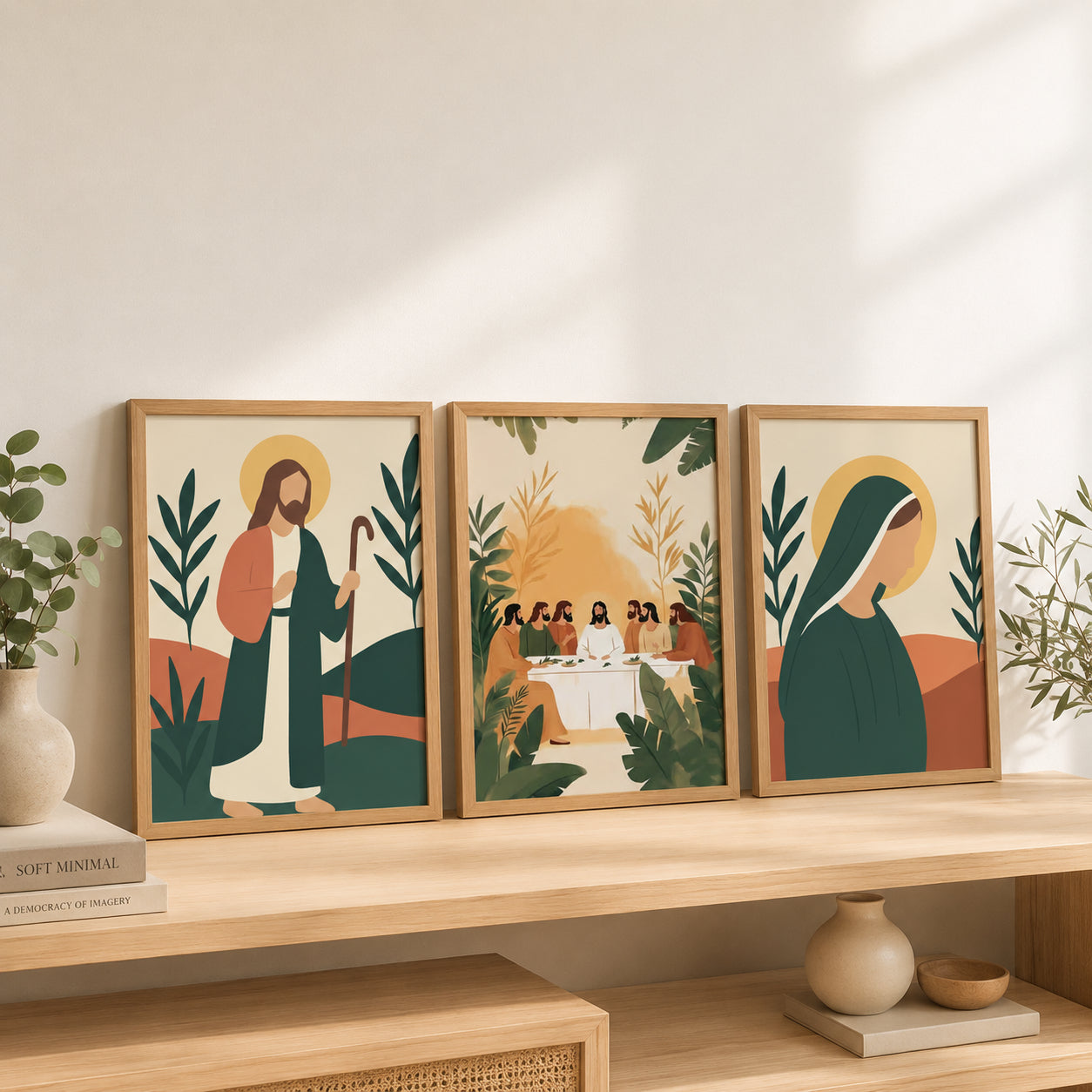 Christian Wall Art Set of 3, Jesus Good Shepherd Last Supper and Virgin Mary Posters, Modern Catholic Home Decor, Jesus Landscape Hanging Decor PTSET17