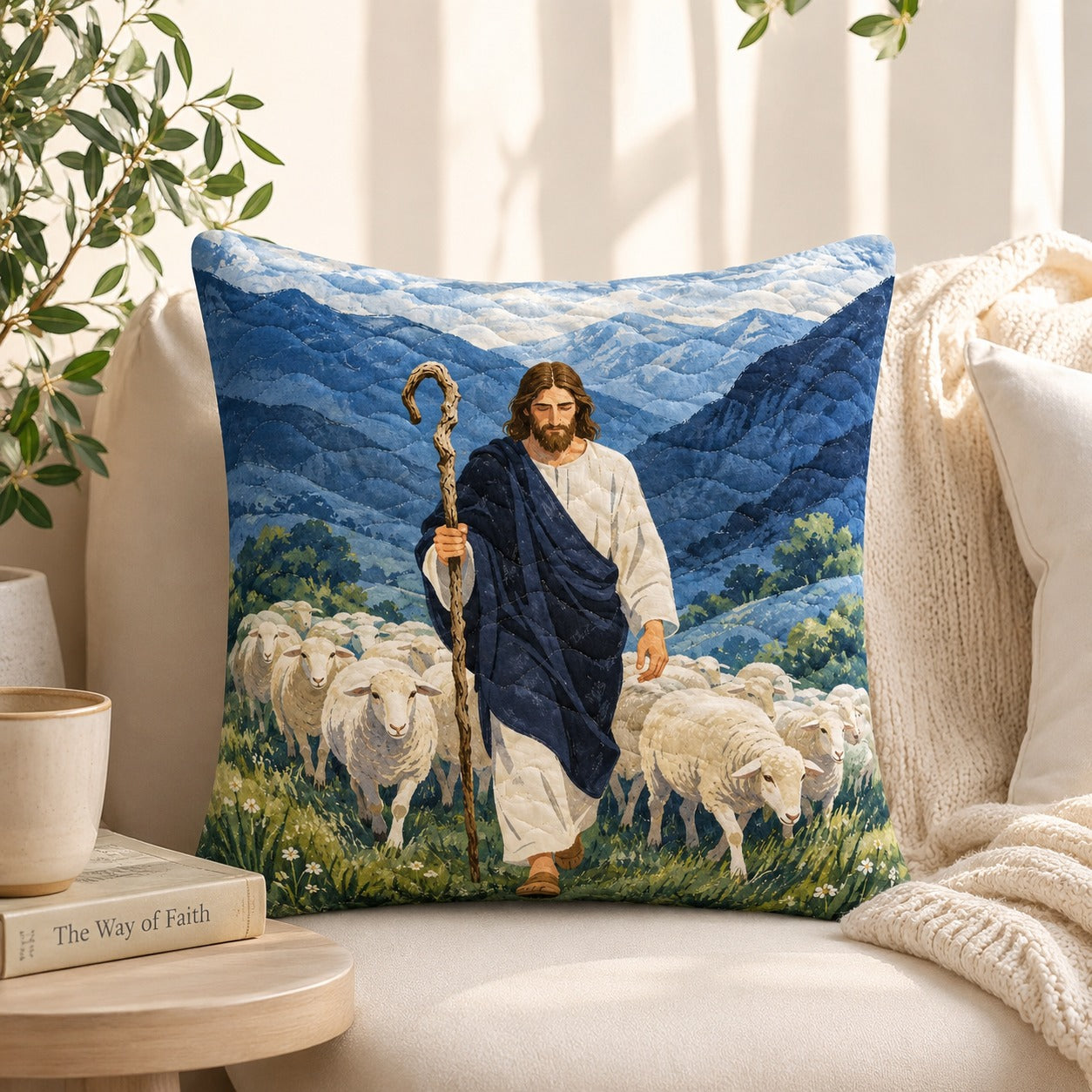Jesus Good Shepherd Quilted Pillow Case, Sheep Christian Pillow Cover, Religious Faith Home Decor, Jesus Gift for Christians QPILLOW22