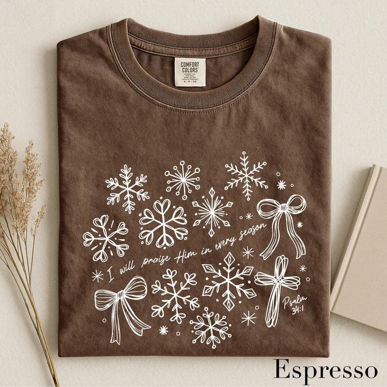 I Will Praise Him T-Shirt, Psalm 34 1 Snowflake Tee, Christian Winter Shirt, Faith Christmas Top, Bible Verse T-Shirt CFNE23