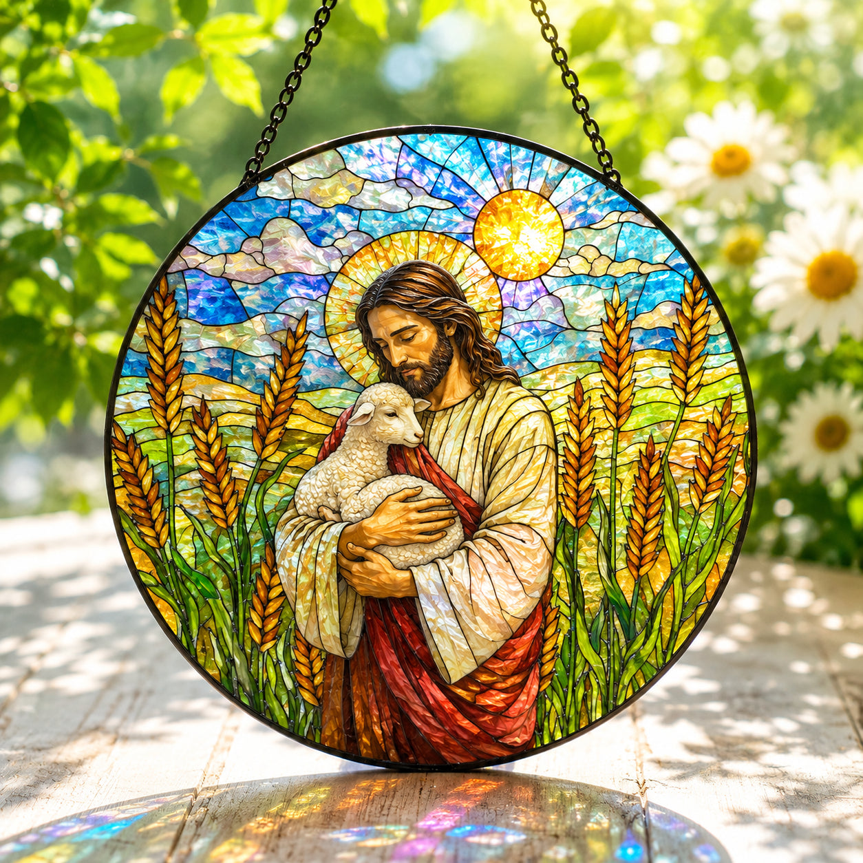 Jesus Holding Lamb Stained Glass Suncatcher – Good Shepherd Christian Window Decor, Religious Gift for Believers GLASS23