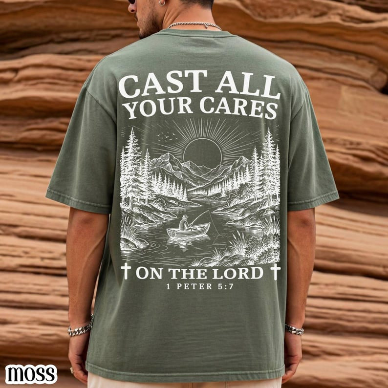 Christian Comfort Colors Shirt, Cast All Your Cares Lord 1 Peter 5:7 Shirt, Nature River Fishing Boat Tee, Faith Bible Verse Religious T-Shirt CFS23