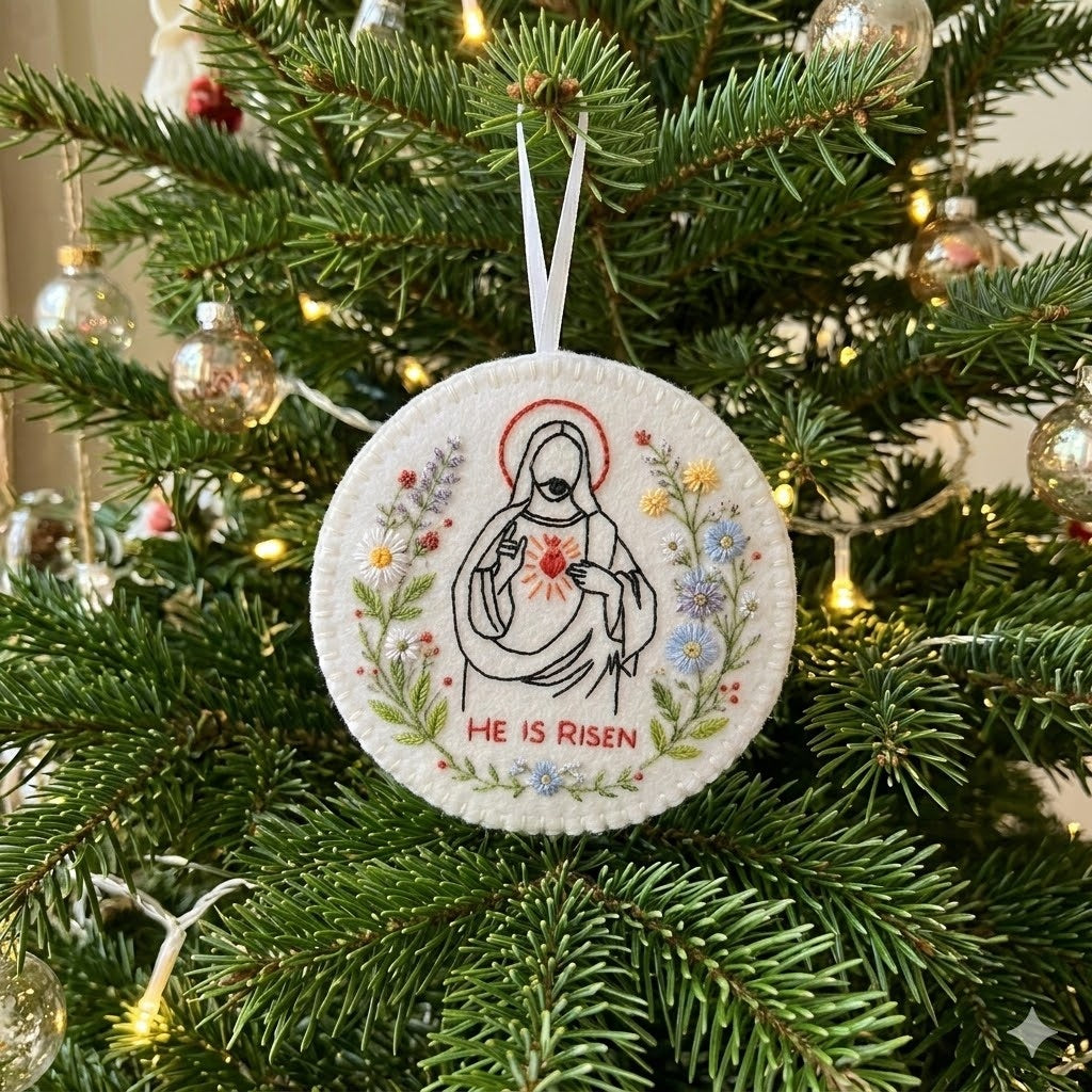 He Is Risen Felt Ornament, Christian Floral Felt Ornament, Faith Decor, Catholic Jesus Ornament, Embroidered Felt Ornament Decor, Handmade Religious Gift FE12