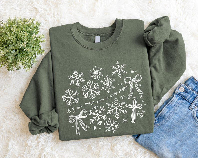 I Will Praise Him T-Shirt, Psalm 34 1 Snowflake Tee, Christian Winter Shirt, Faith Christmas Top, Bible Verse T-Shirt CFNE23
