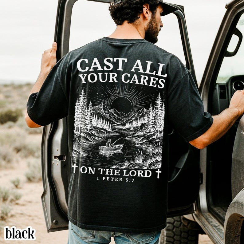 Christian Comfort Colors Shirt, Cast All Your Cares Lord 1 Peter 5:7 Shirt, Nature River Fishing Boat Tee, Faith Bible Verse Religious T-Shirt CFS23