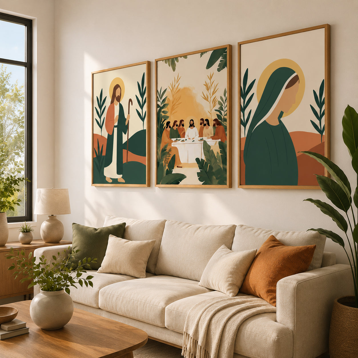 Christian Wall Art Set of 3, Jesus Good Shepherd Last Supper and Virgin Mary Posters, Modern Catholic Home Decor, Jesus Landscape Hanging Decor PTSET17